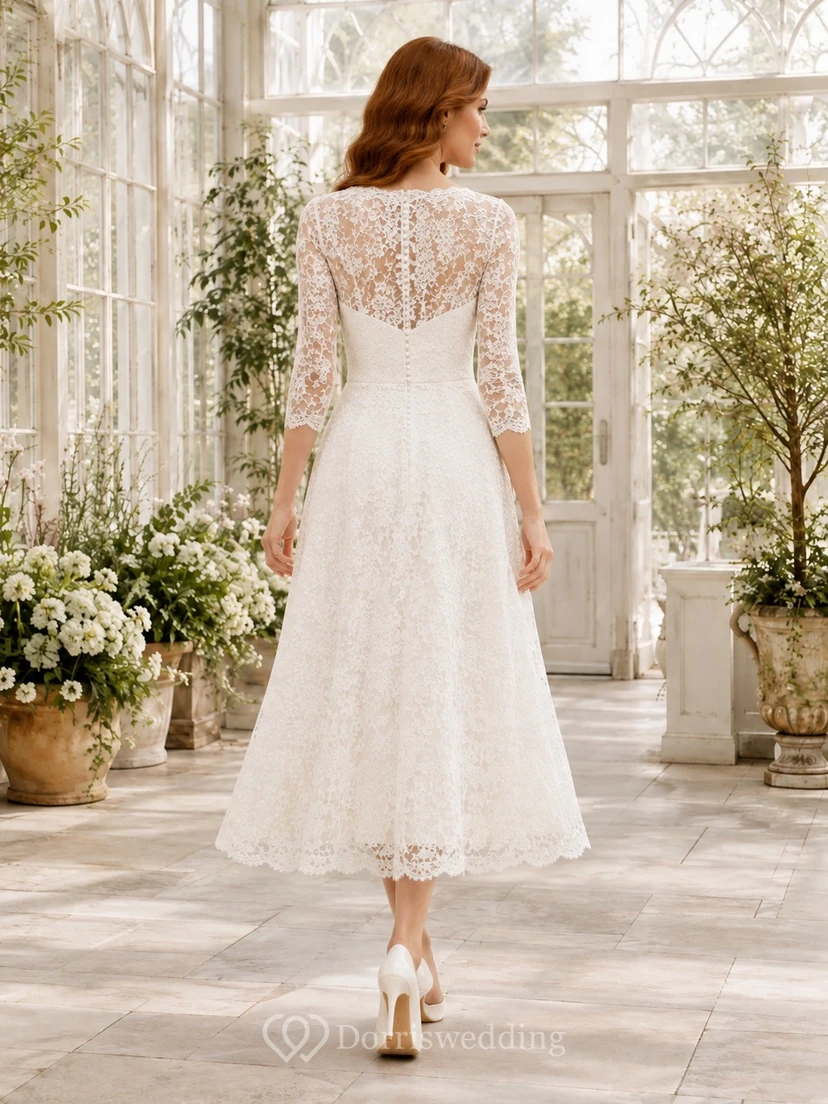 Bohemian Civil Lace A-Line Tea-Length Illusion Neck Long Sleeve Wedding Dress view 2