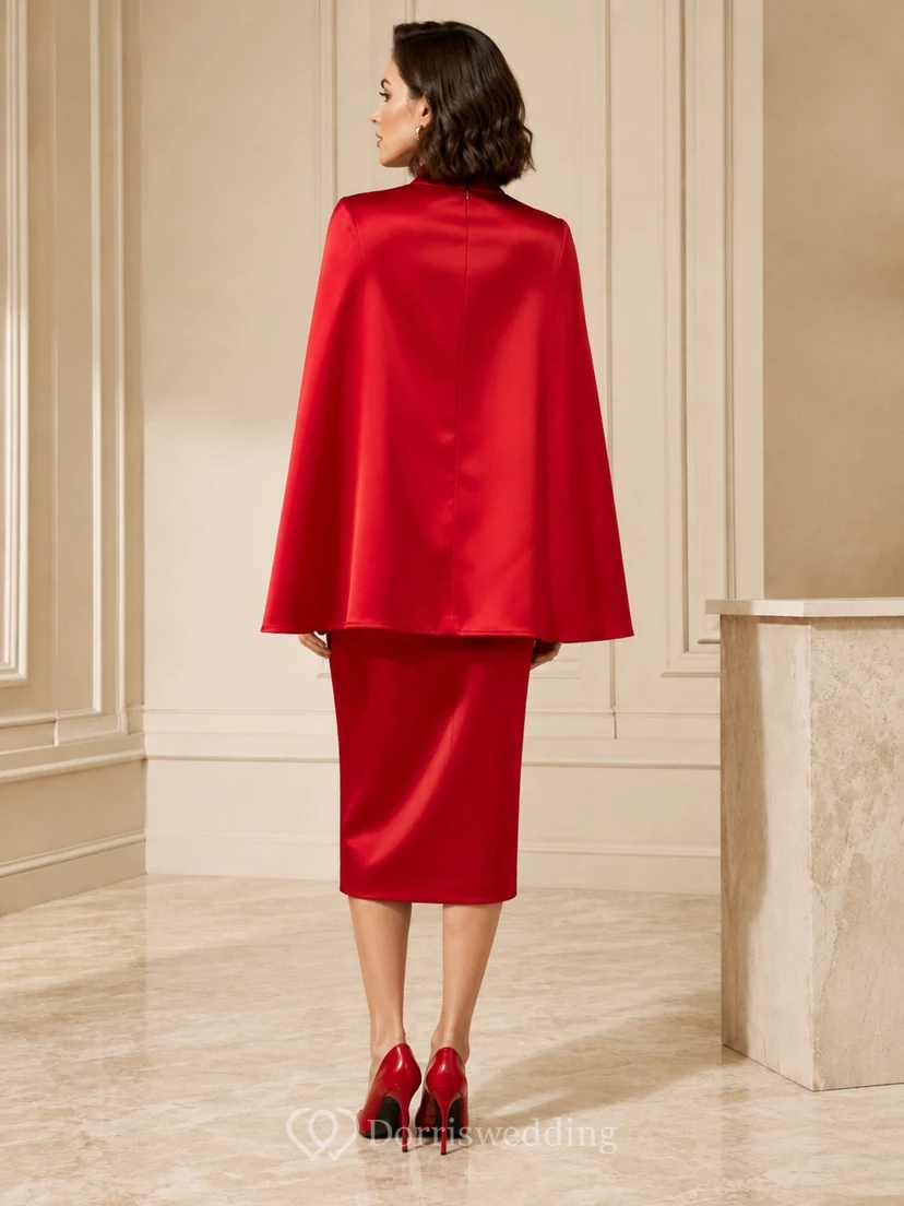 Robe de cocktail moderne en satin rouge à col montant et cape, longueur thé view 2