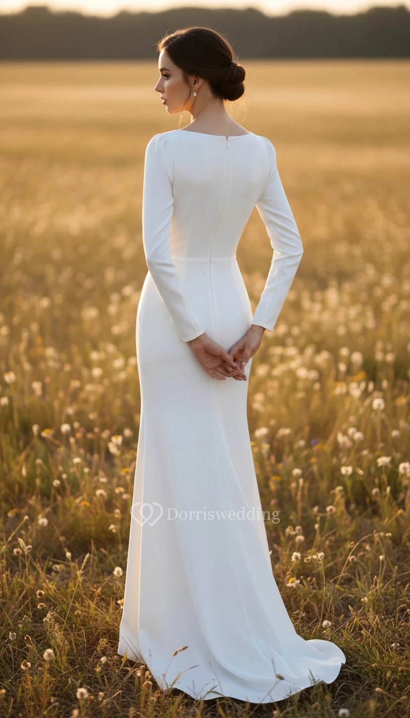 Robe de mariée fourreau simple à col en V, manches longues et fente view 2