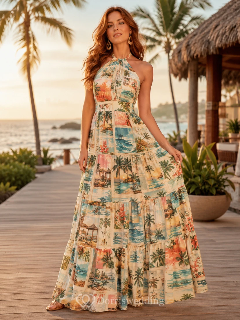 Postcard Print Halter Full Skirt Maxi Vacation Dress
