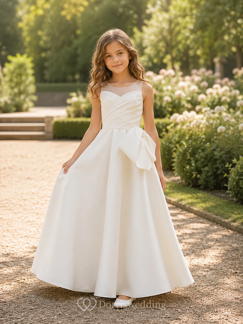 Vestido de niña de las flores, blanco, satén, corte en A, sin mangas, escote corazón, largo hasta el suelo, detalle de lazo.