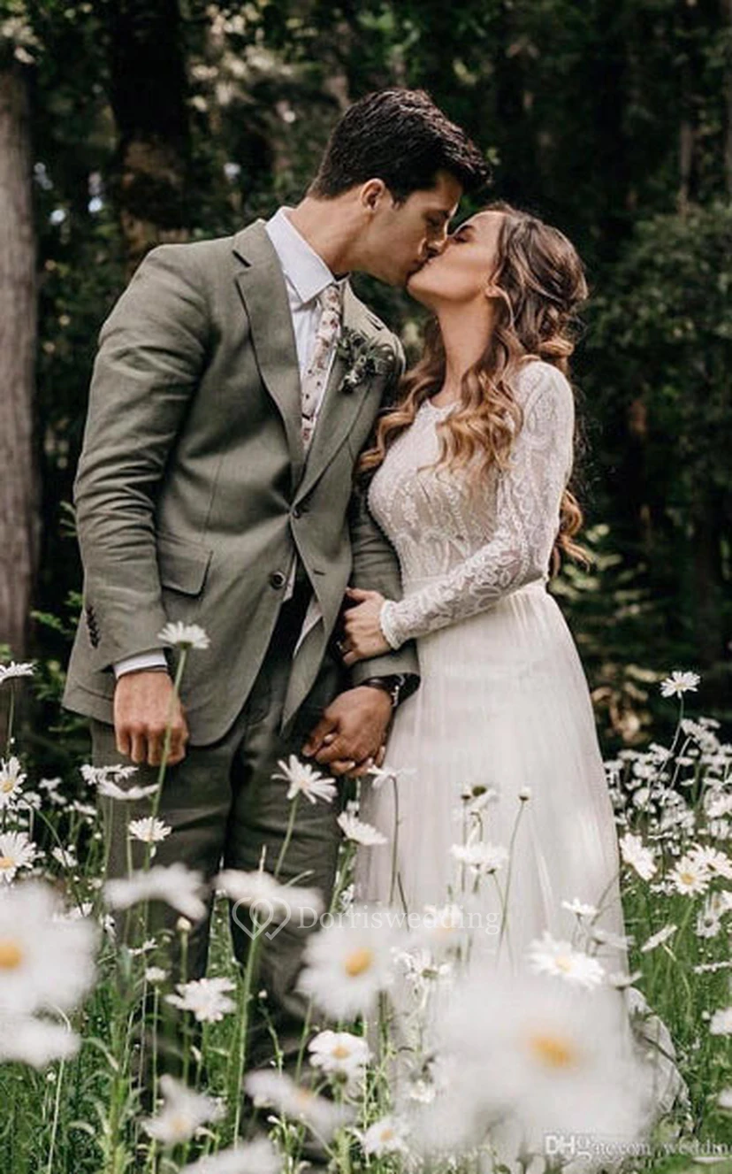 Vestido de novia bohemio de encaje con mangas largas | Vestido de novia blanco vaporoso con mangas view 2