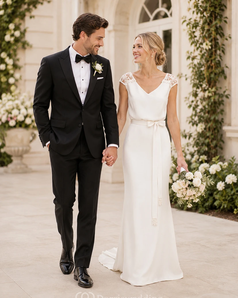 Elegantes Brautkleid aus Spitze mit kurzen Ärmeln und fließender Silhouette view 10