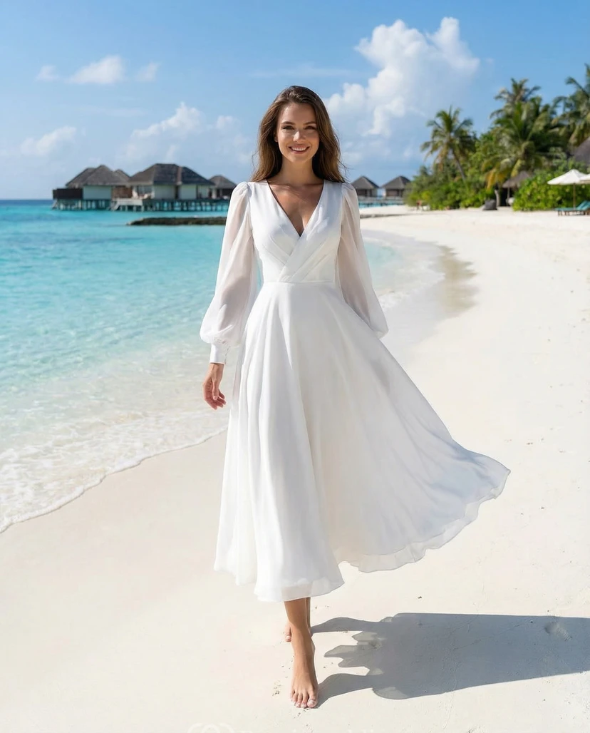 Robe de mariée de plage en mousseline, coupe trapèze, col en V, manches longues, longueur thé