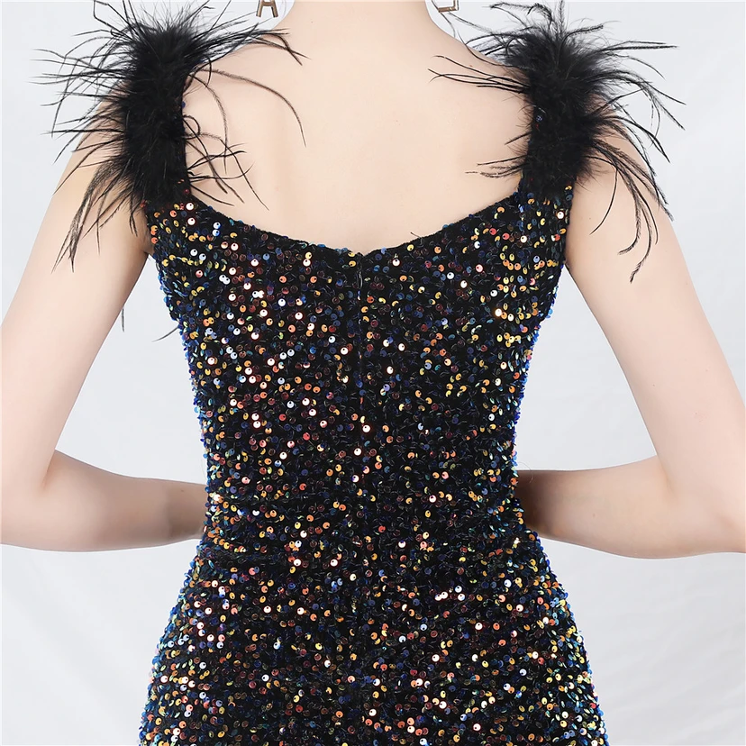 Craft Ostrich Feather Handmade Velvet Bottom Sequined Short Evening Dress Short Skirt view 61