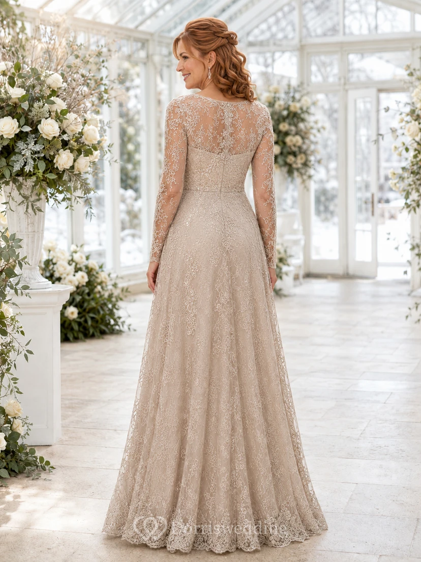 Champagnerfarbenes, elegantes Winterkleid für die Mutter der Braut mit langen Ärmeln, U-Boot-Ausschnitt, Illusionsspitze, A-Linie und Schleppe view 2