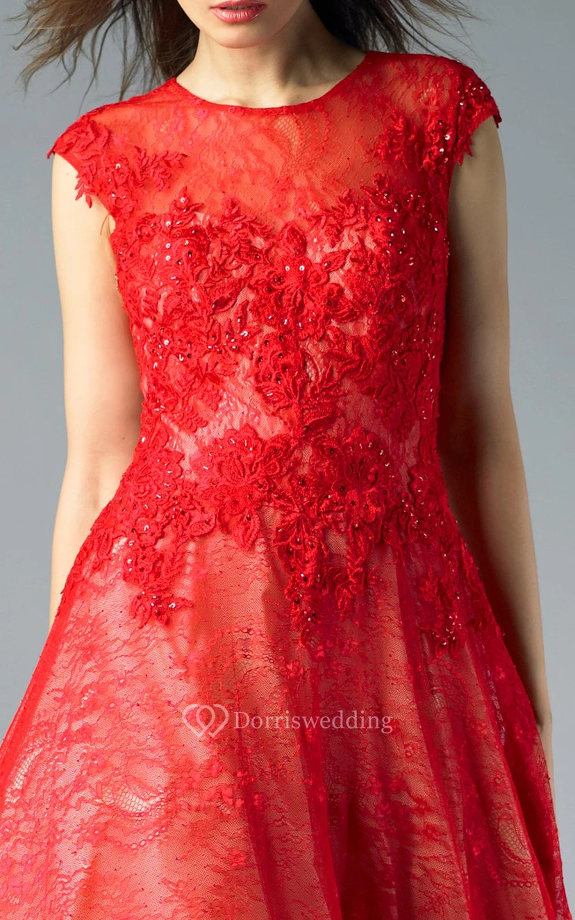 A-line Floor-length High Neck Short Sleeve Lace Illusion Dress view 5