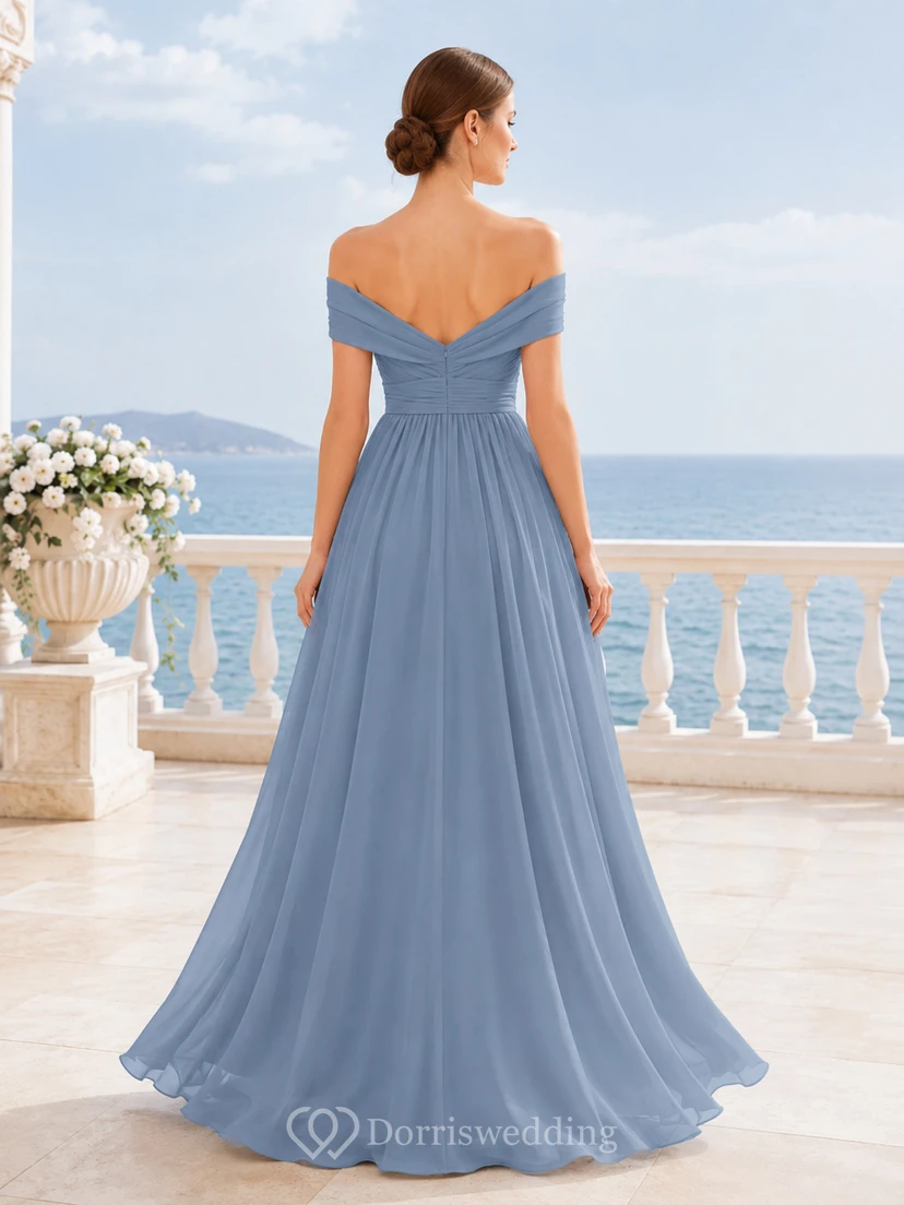 Dusty blue convertible off shoulder chiffon floor length bridesmaid dress view 2