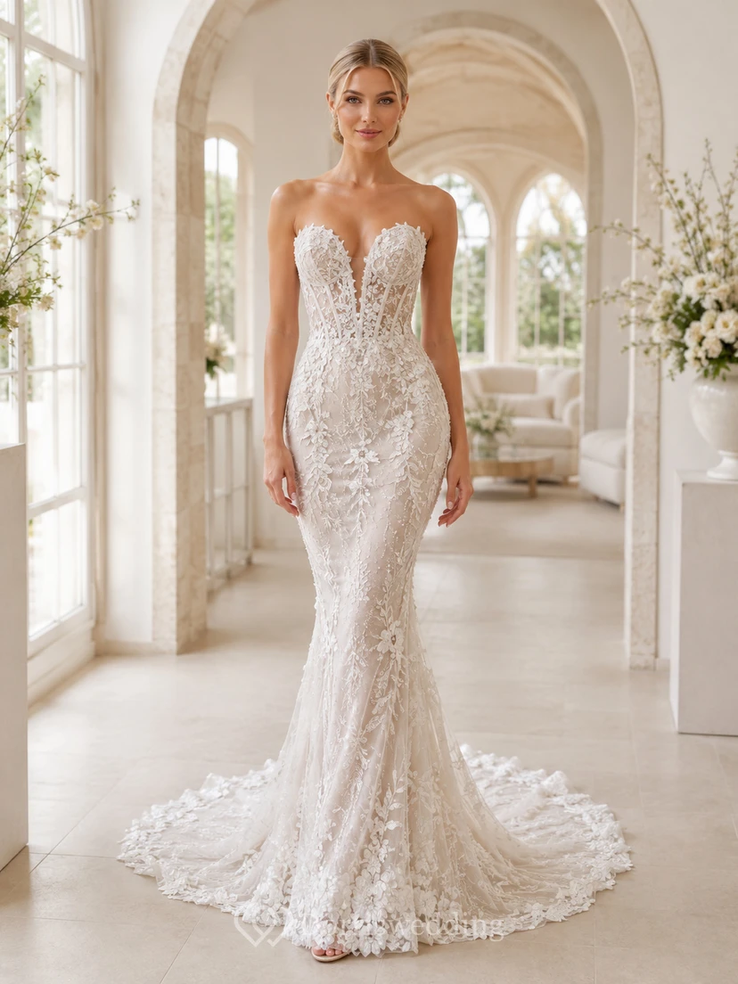 Robe de mariée champêtre classique en dentelle, bustier cœur, sirène, traîne chapelle, applications florales