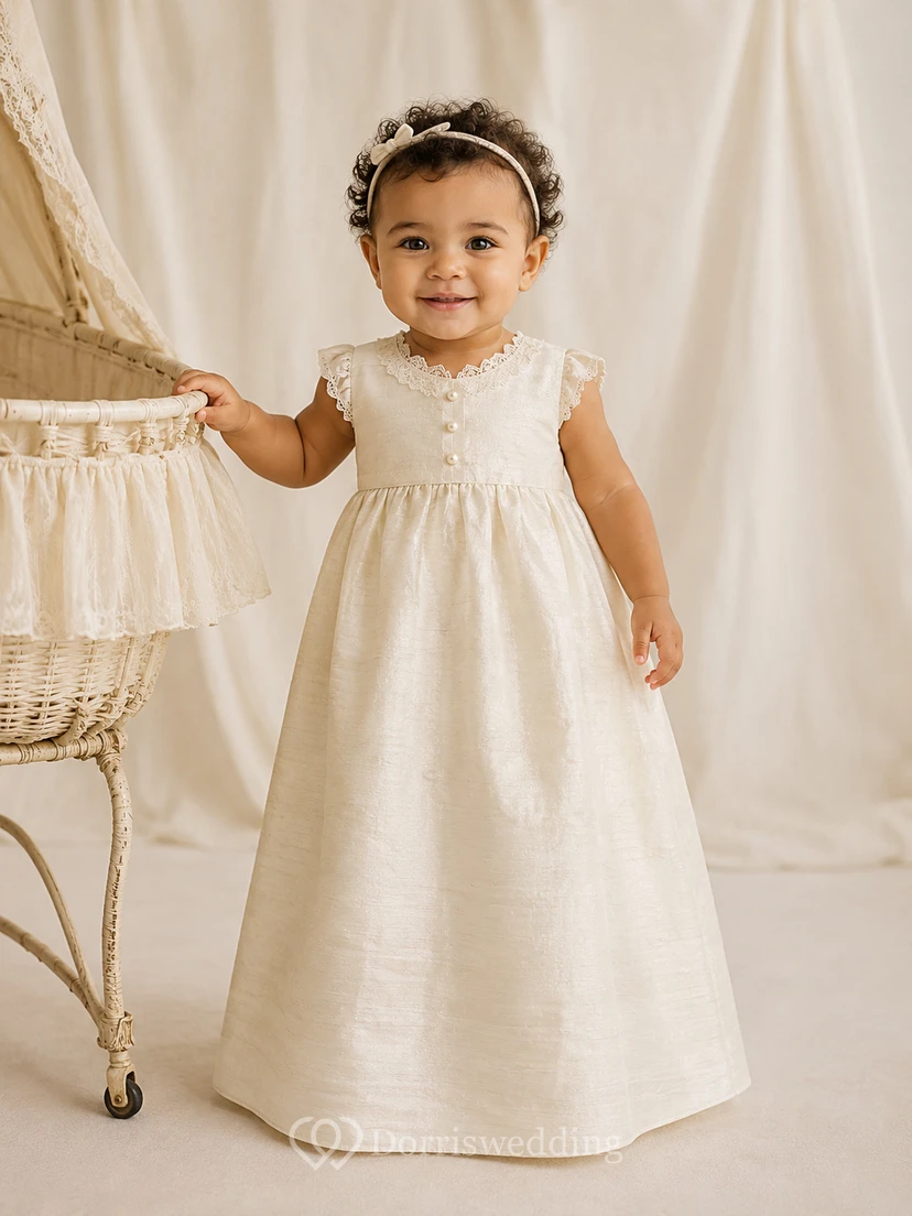 Ärmelloses Taufkleid aus Dupionseide, A-Linie, bodenlang, schlicht, elegant, bezaubernd, mit Schmuckknöpfen und Falten