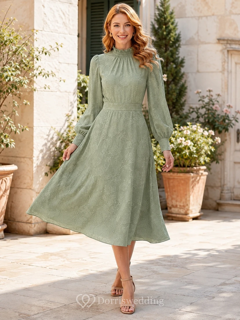 Sage Chiffon Jewel-Neck Long-Sleeve Bohemian Tea-Length Guest Dress