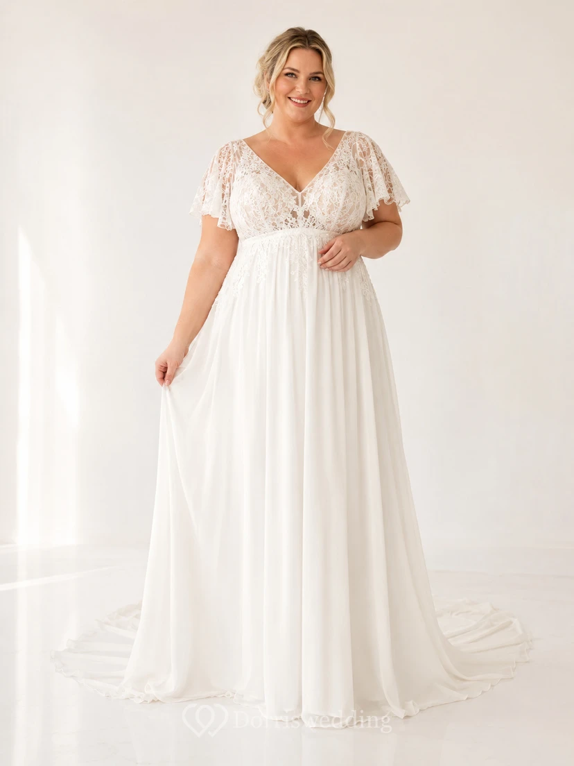 Plus Size Empire Waist Flutter Sleeve Bridal Gown