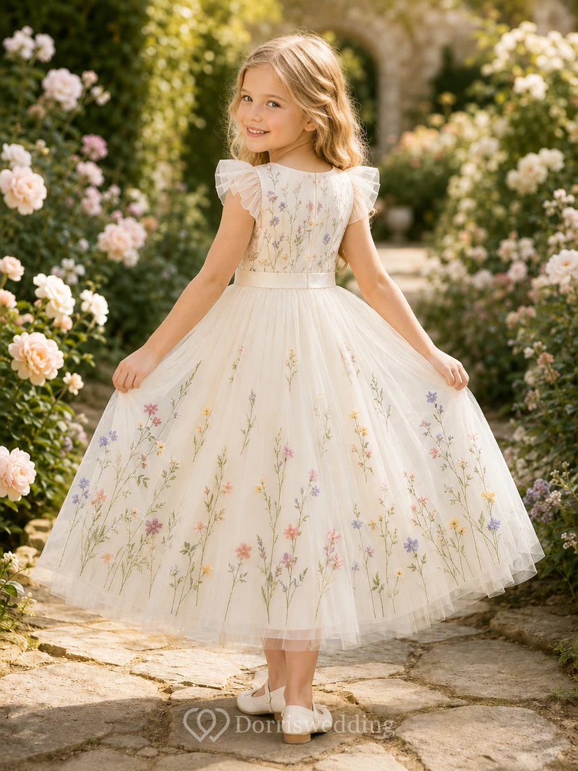 Romantisches Gartenkleid mit Blumenstickerei, Tüll, Teelänge und Blütenblattärmeln für Blumenmädchen – ideal für draußen view 2