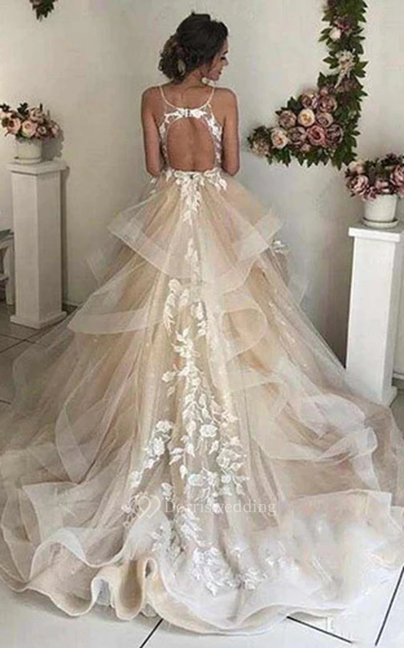 Spaghetti Ball Gown A-line Tulle Draped Empire Quinceanera Keyhole Back Dress view 2