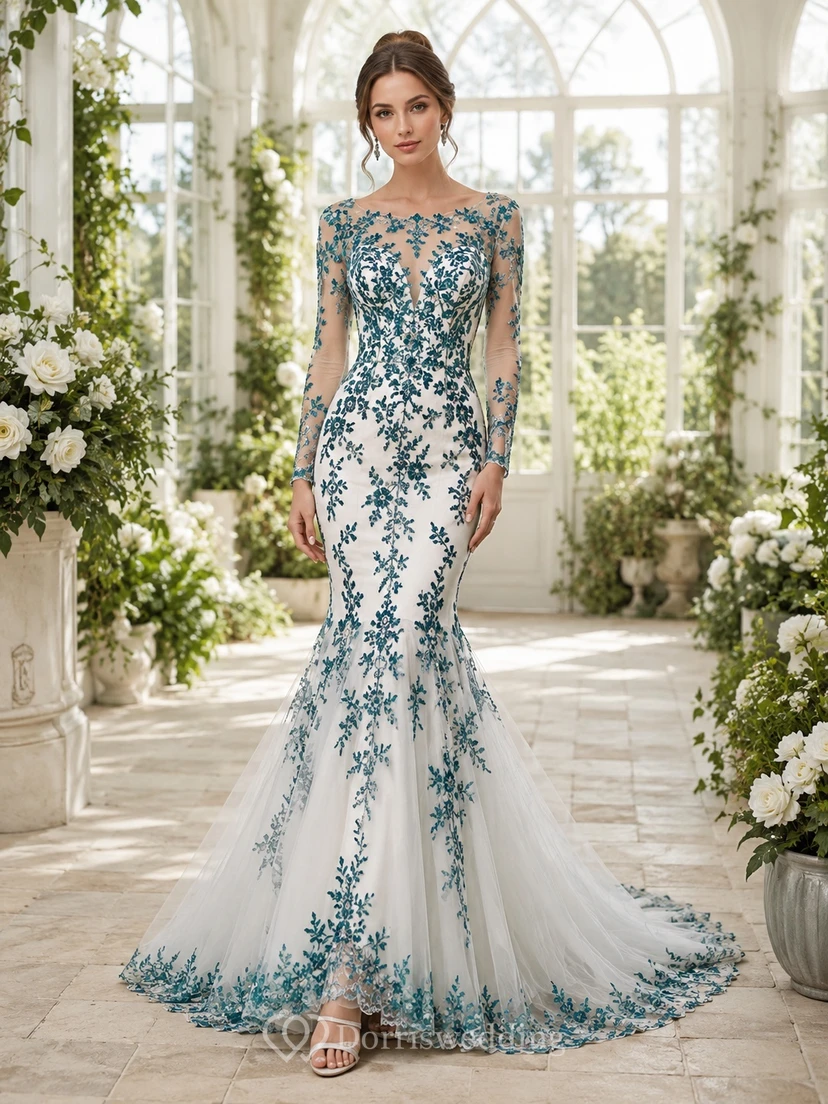 Türkisfarbenes, besticktes, langärmeliges Meerjungfrauen-Hochzeitskleid mit Illusion-Tüll und Kapellenschleppe