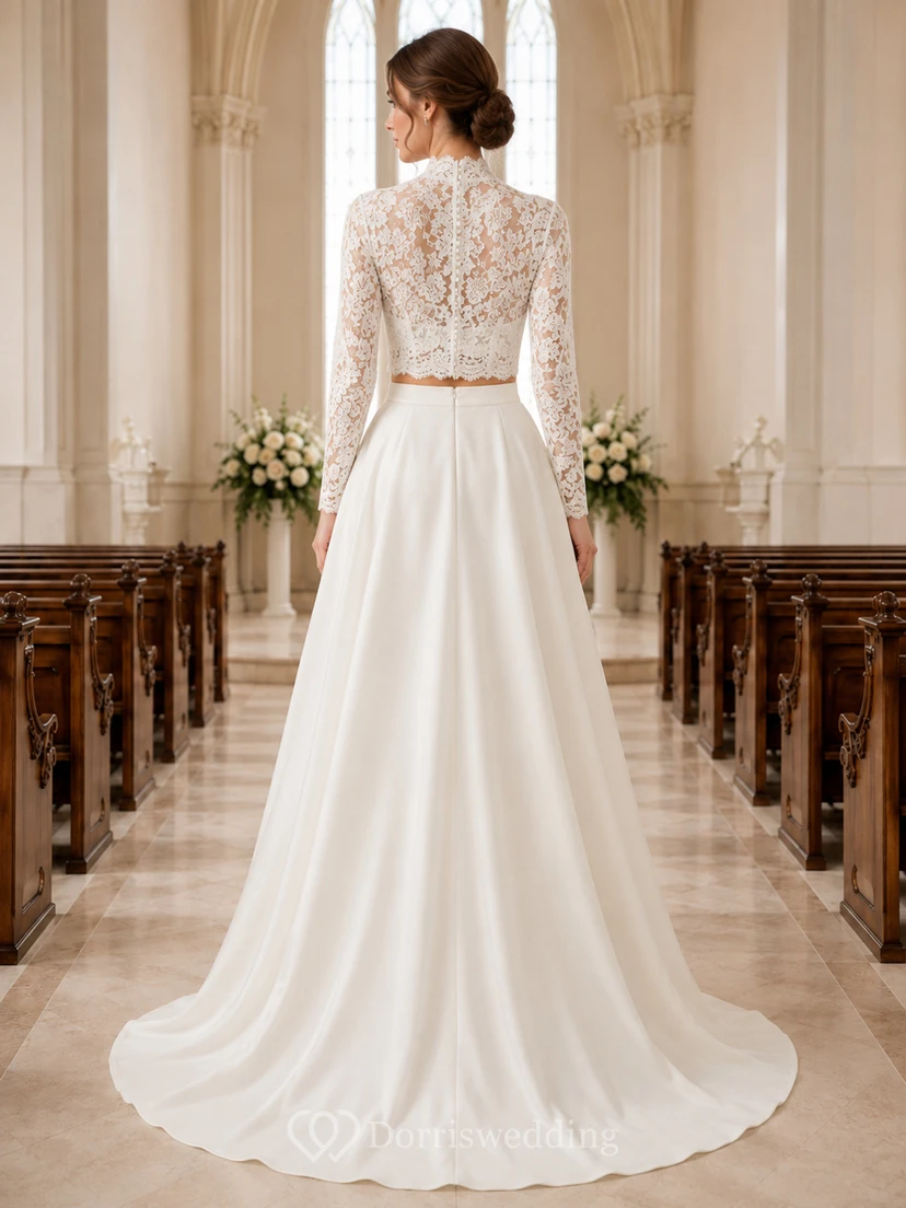 High Neck Long Sleeve Lace Top Satin Chapel Bridal Set view 2