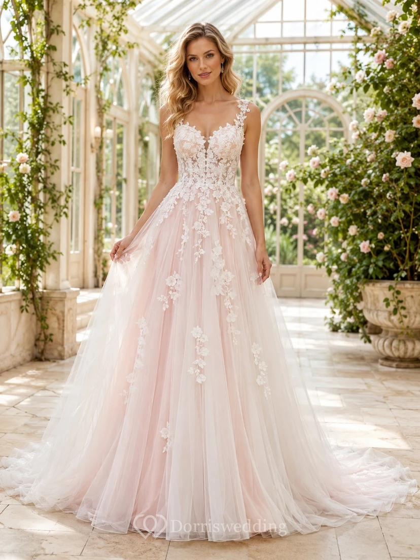 Robe de mariée champêtre rose poudré, col V sans manches, en dentelle, coupe trapèze, traîne, sans manches, en dentelle