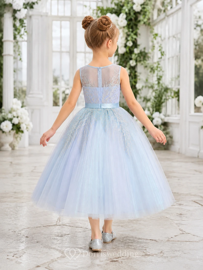 Sky Blue Illusion Neck A-Line Flower Girl Dress with Silver Feather Embroidery and Shimmering Tea-Length Tulle Skirt view 2