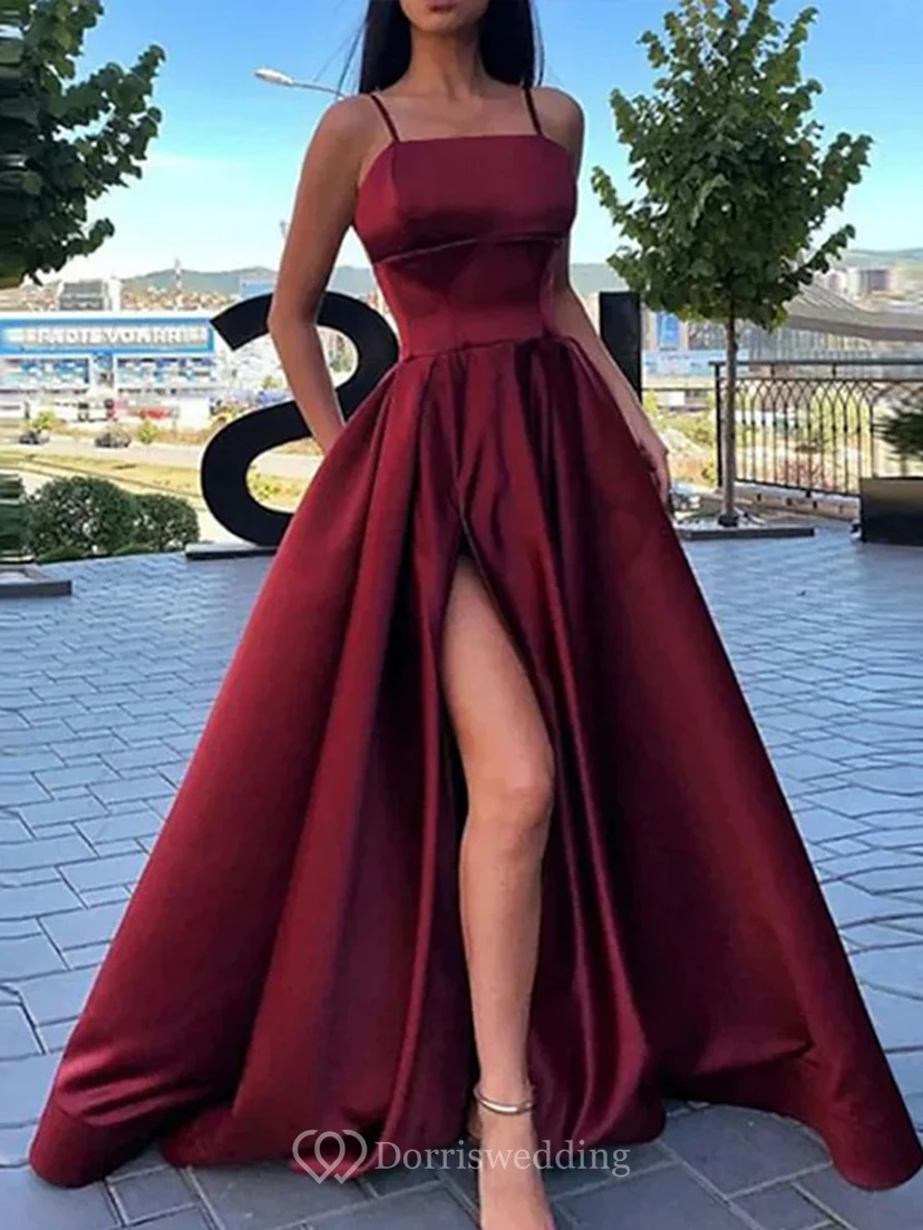 Spaghetti-A-Linien-Abendkleid, ärmellos, burgunderrot, Empire-A-Linie