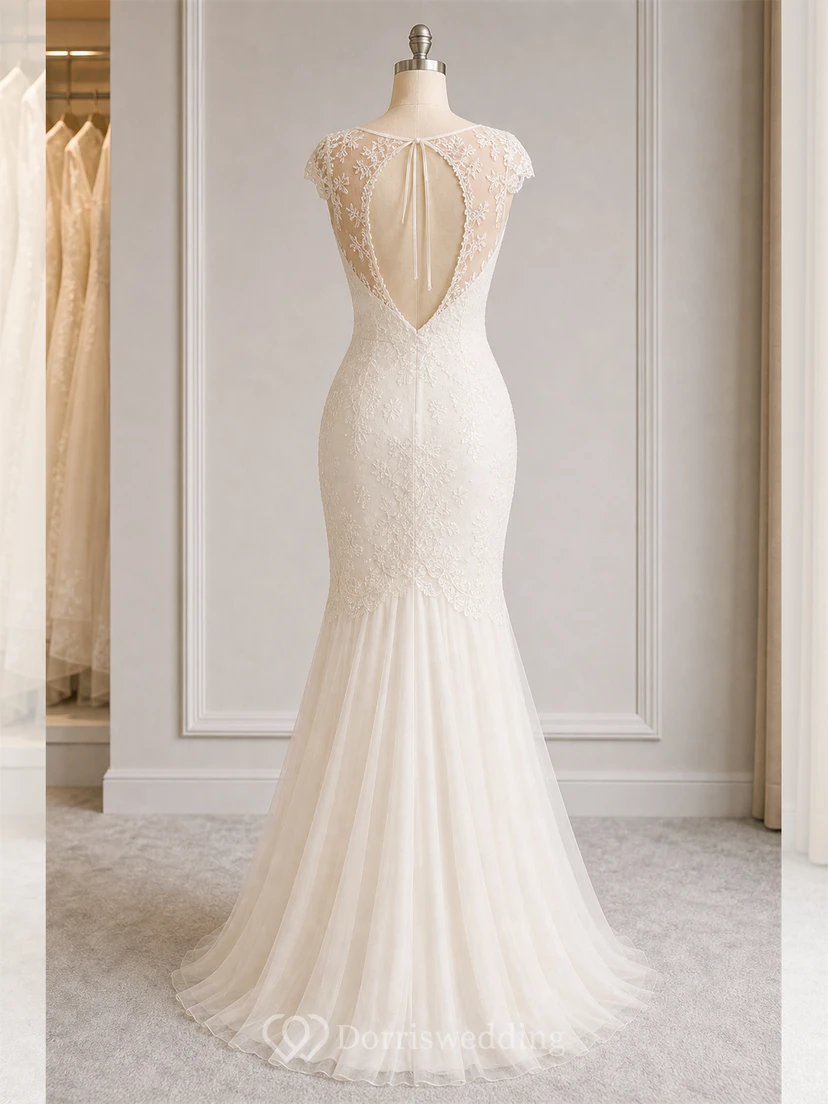 Vestido de novia maxi de encaje con escote redondo y mangas cortas con efecto ilusión. view 8