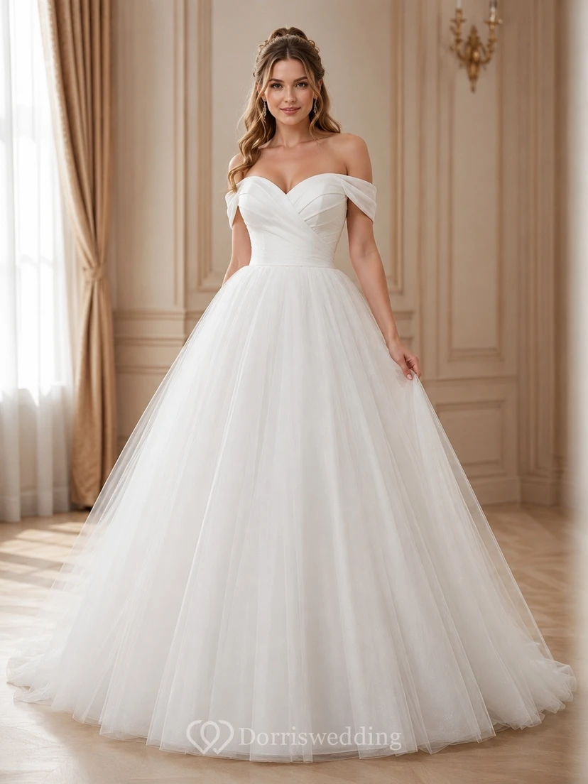 Vestido de gala de tul blanco con hombros descubiertos, estilo princesa, para bodas formales