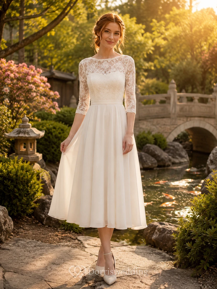 Modest Illusion Lace Three Quarter Sleeve Tea Length Wedding Dress