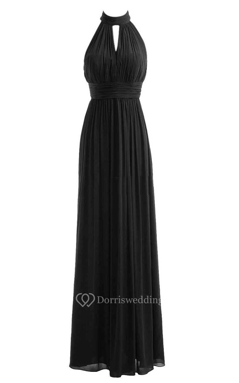 Halter Long Chiffon Gown With Keyhole Detail