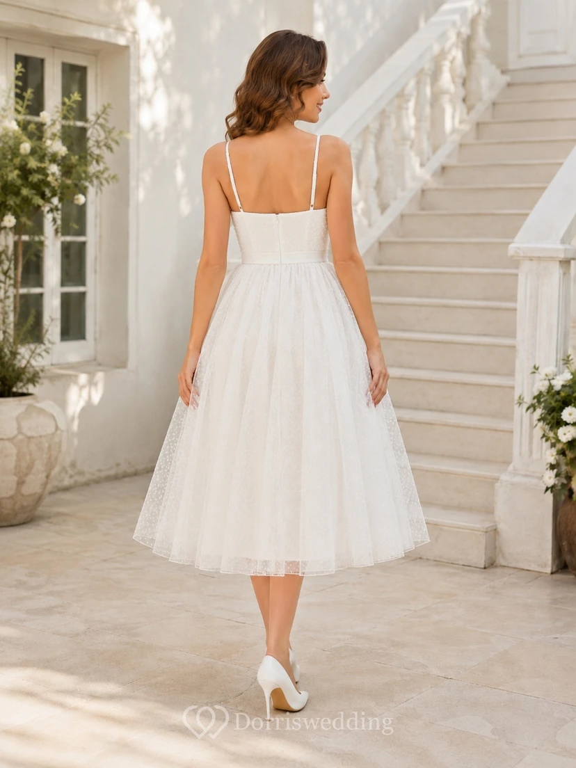 White Spaghetti V-Neck Lace Tulle A-Line Tea-Length Simple Prom Dress view 2