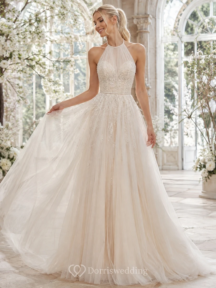 Vestido de novia de tul con escote halter, estampado floral, corte en A, encaje y espalda descubierta