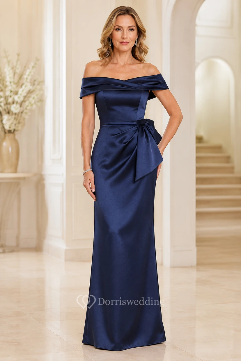 Dark Navy Off-the-Shoulder Satin Sheath Formal Dress with Side Bow