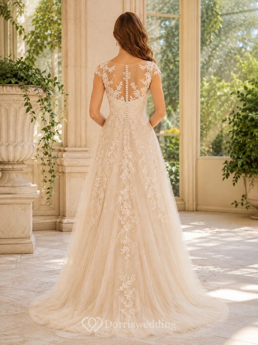 Champagne Lace Cap Sleeve A-Line Formal Gown Classic view 2