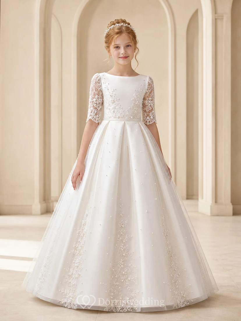 Vestido de gala de comunión Royal Bateau con mangas tres cuartos de encaje