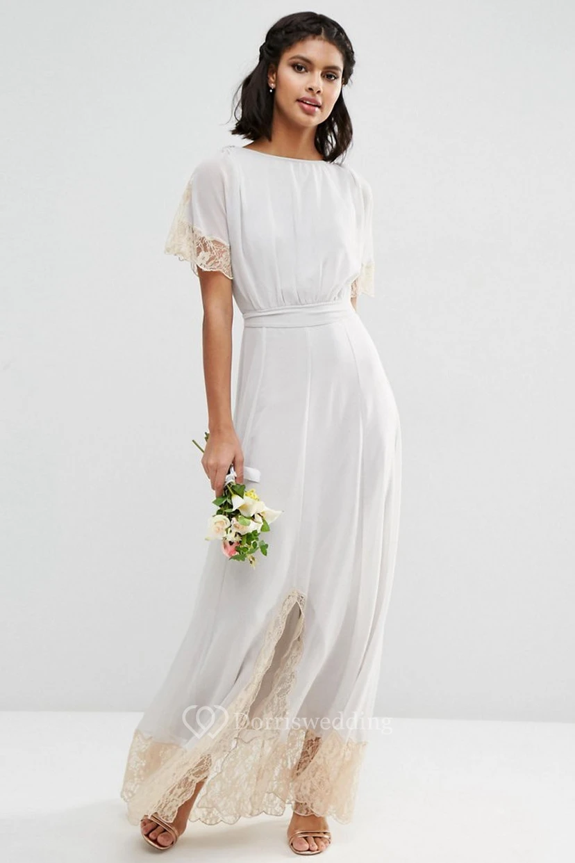 Vestido de dama de honor modesto, de corte recto, largo hasta los tobillos, manga corta, escote redondo y encaje de gasa.