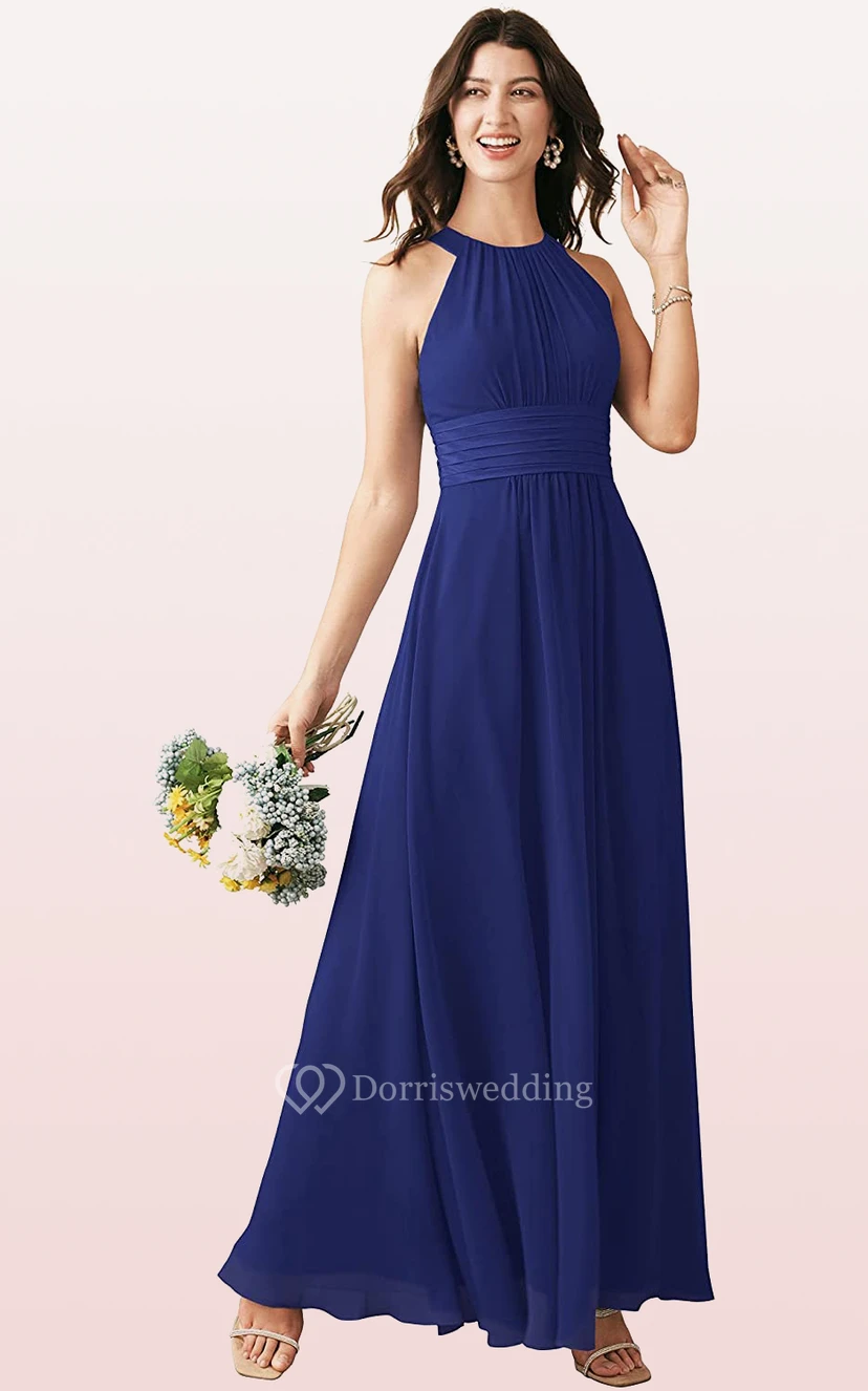 Modern Halter A Line Sleeveless Ankle-length Chiffon Bridesmaid Dress With Ruching view 8