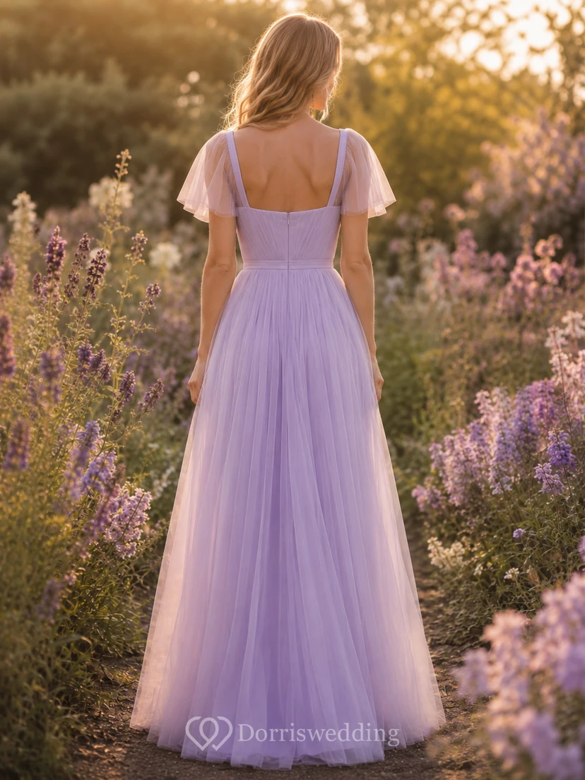Lavender Square Neck Flutter Sleeve Tulle Garden Bridesmaid Gown view 2