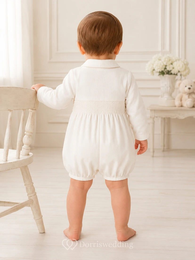 White Embroidered Bib Long Sleeve Peter Collar Blessing Romper for Baby Boy view 2