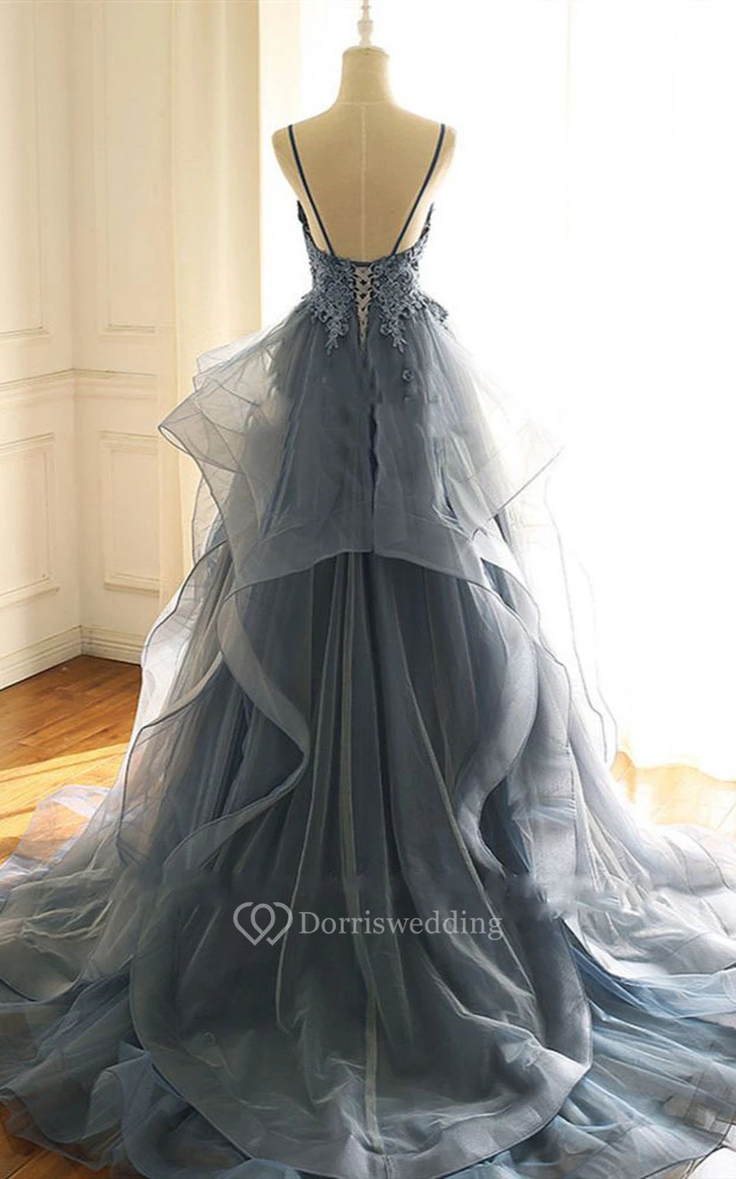 Dusty Blue Tulle Prom Dress Non Traditional Colored Wedding Gown view 4