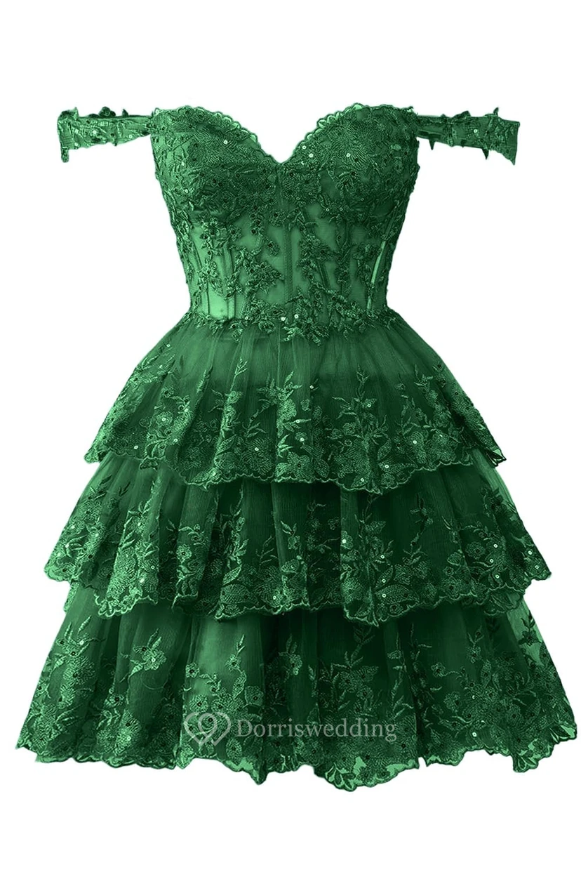 Blue Off-the-Shoulder Short Dress with Lace view 36