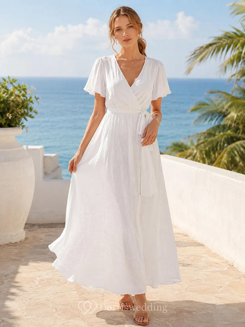 White Short Sleeve V Neck Wrap Beach Vacation Maxi Dress