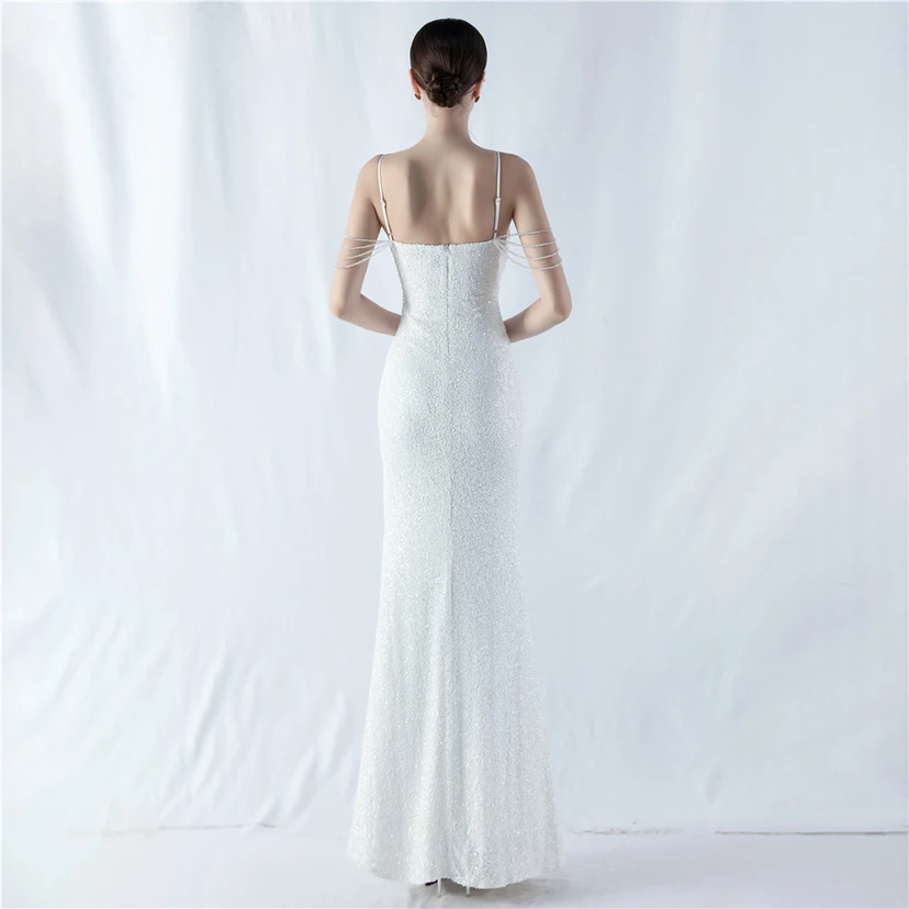 Robe de soirée sexy à bretelles et fente haute, ornée de perles et de perles artisanales. view 47