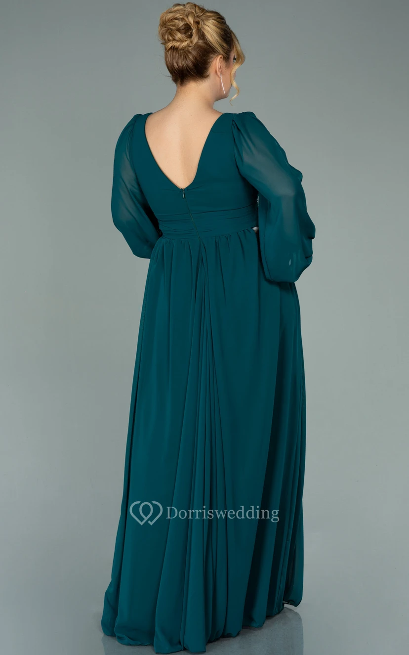Vestido de noche de gasa con escote en V, manga larga, abertura frontal y pliegues, talla grande view 10