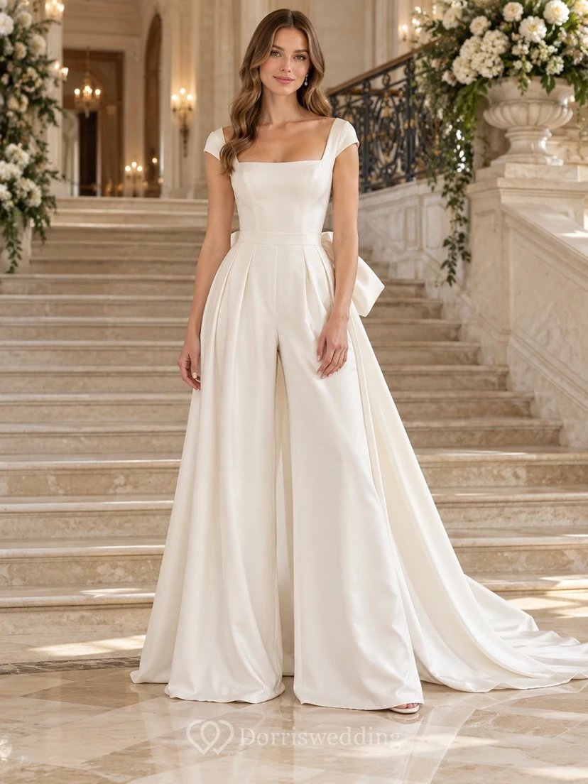 Square Neck Cap Sleeve Pleated Satin Bow Train Bridal Jumpsuit