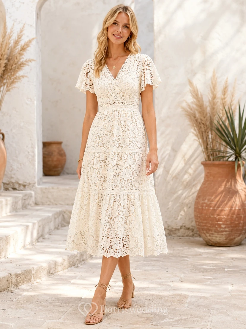 Cream Lace V-neck Cap Sleeve A-Line Tea-length Bohemian Romantic Garden Tiered Wedding Guest Dress