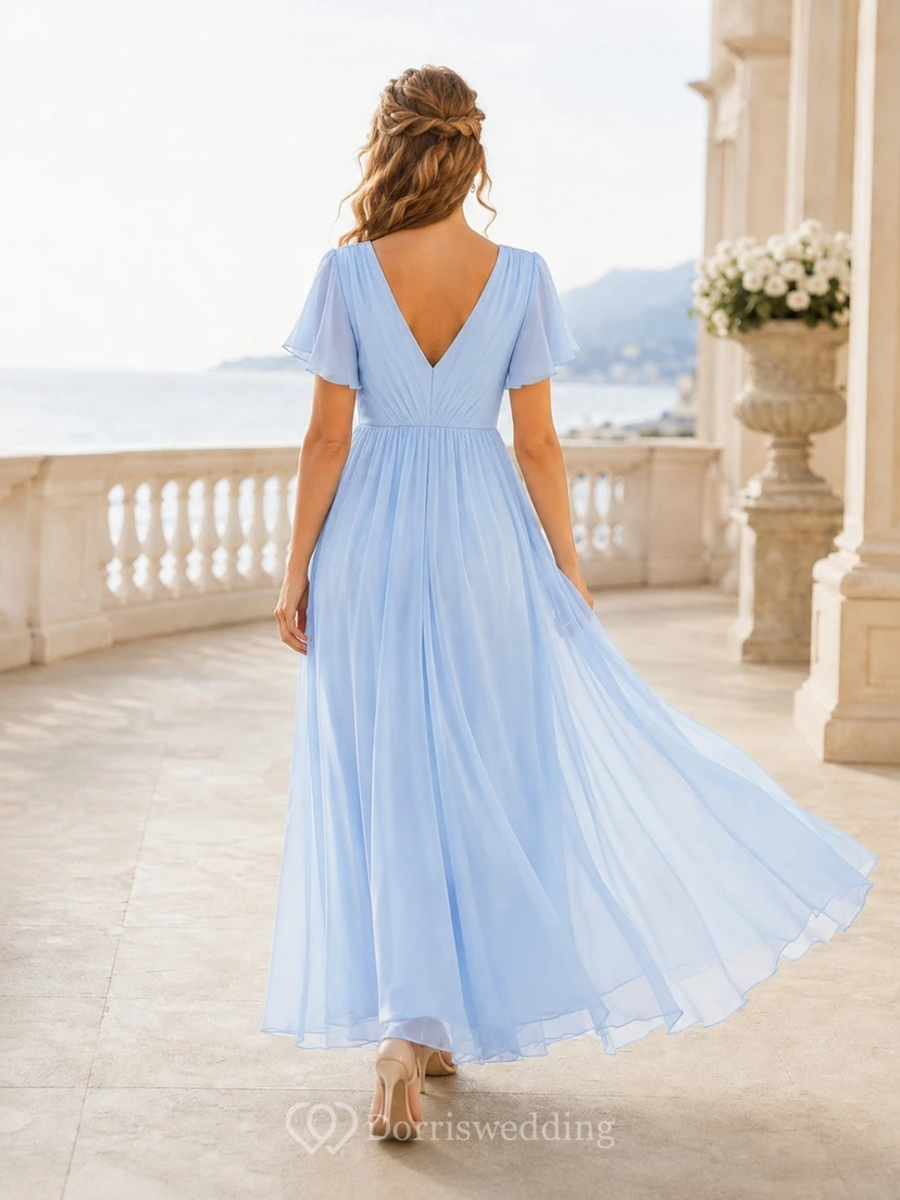 Elegant Light Blue Chiffon A-Line Floor-Length V-Neck Short Sleeve Guest Dress view 2