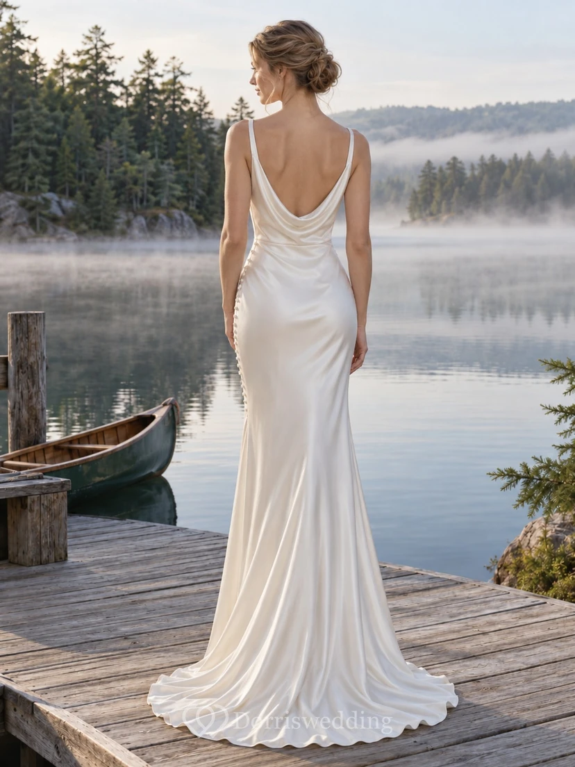 Schlichtes Brautkleid aus Charmeuse mit Wasserfallausschnitt, Trägern, Etuirock und tiefem, drapiertem Rückenausschnitt view 2
