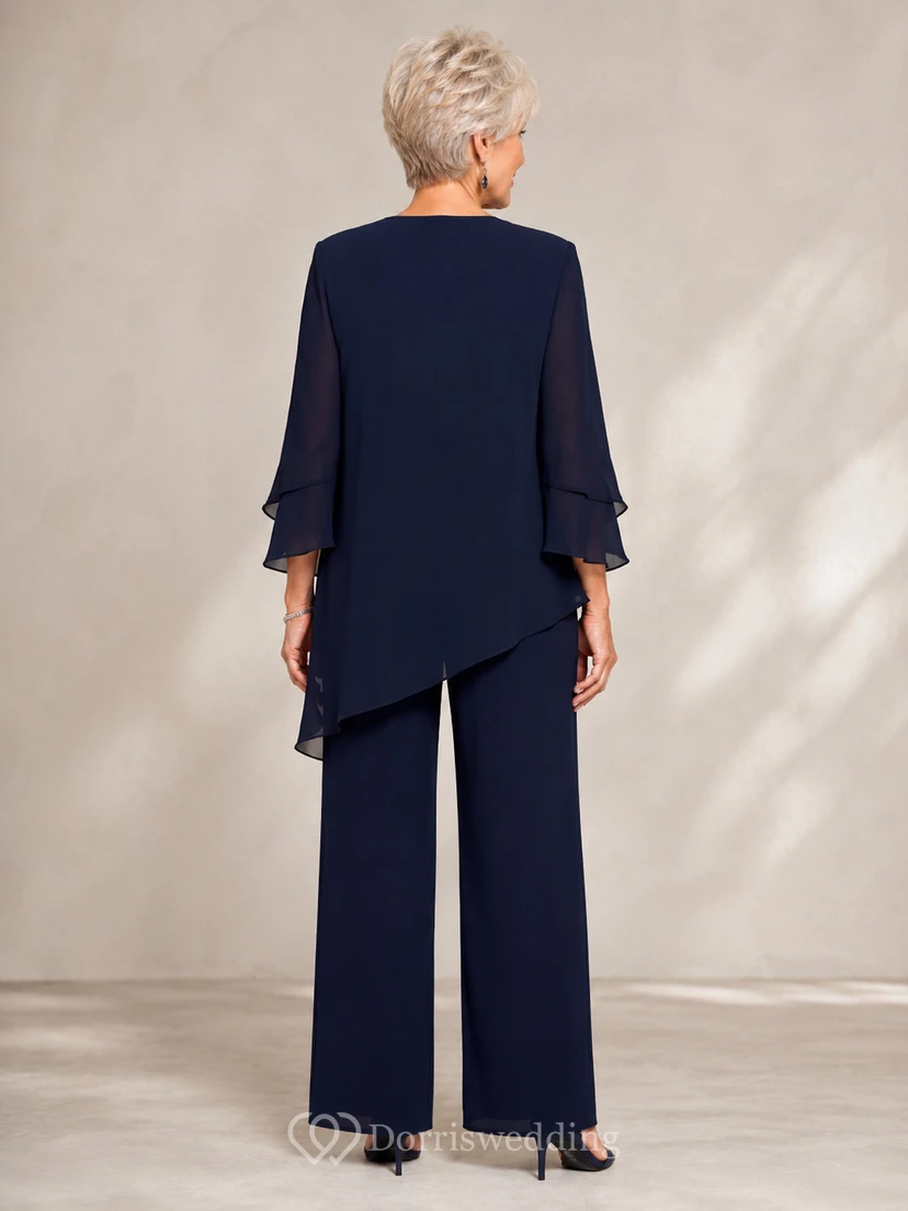 Dark Navy Mother Pantsuit with Asymmetric Chiffon Overlay and Wide Leg Pants view 2