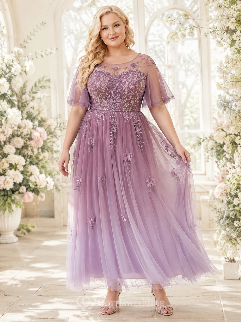 Plus Size Vintage Mauve Bateau Flutter Sleeve Beaded Tulle A-Line Floor-Length Dress