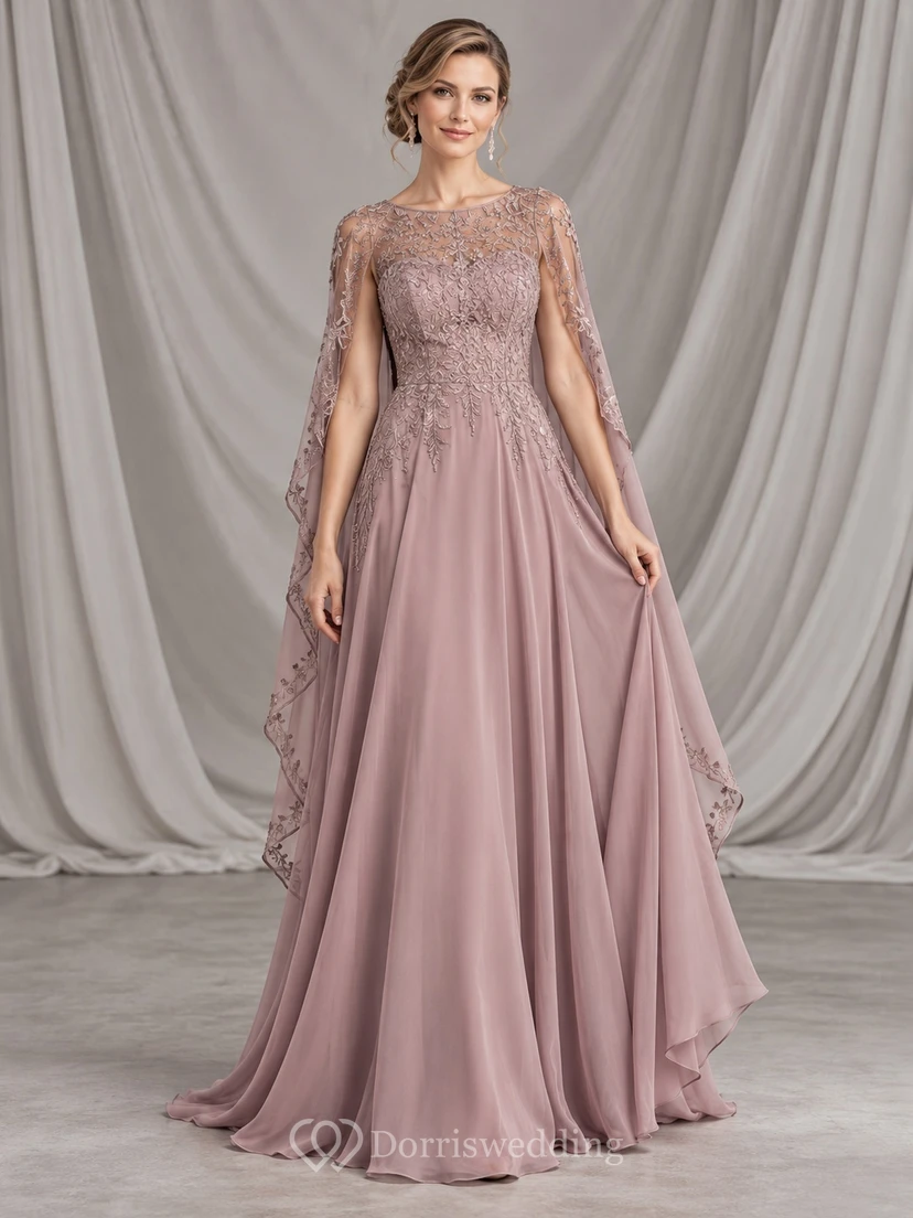 Vintage Mauve Illusion Lace Cape Back Flowing Formal Evening Gown