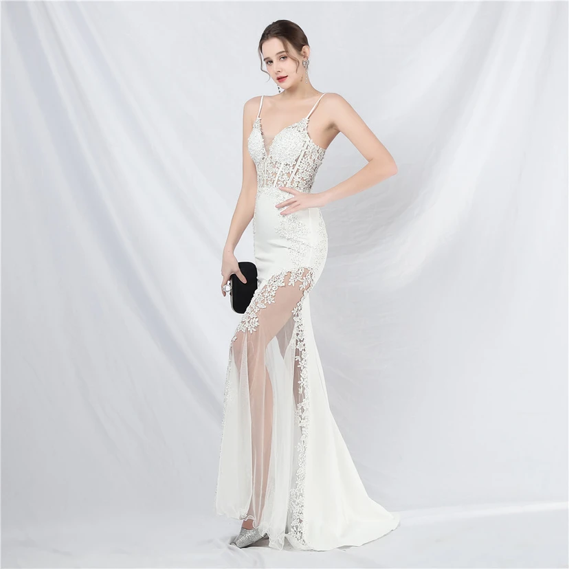 Spitzen-Abendkleid mit heißer Diamant- und Fischgrätenmuster-Weste, tiefem Taillenausschnitt, schulterfreiem Design und kurzer Schleppe view 85