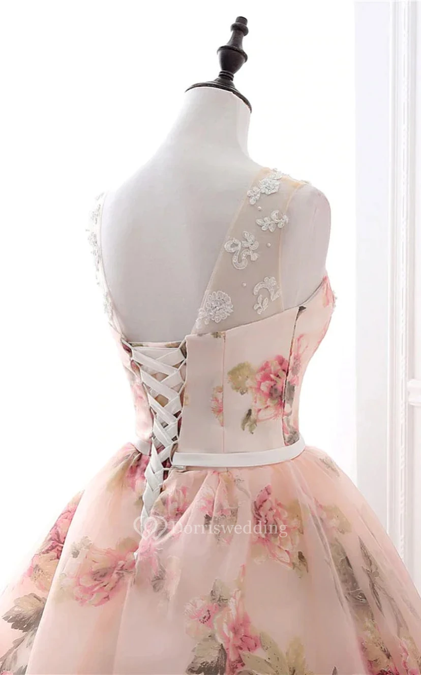 Vestido de fiesta de gala sin mangas con escote redondo y corte imperio, estampado floral view 8
